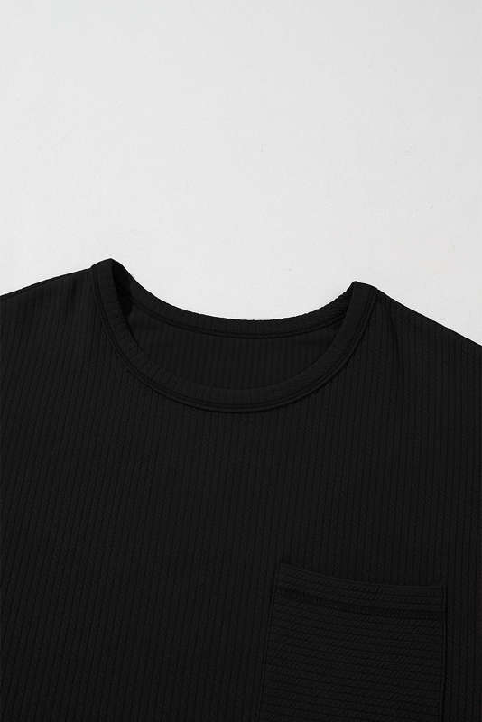 Black Solid Color Corded Drop Shoulder Long Sleeve Top