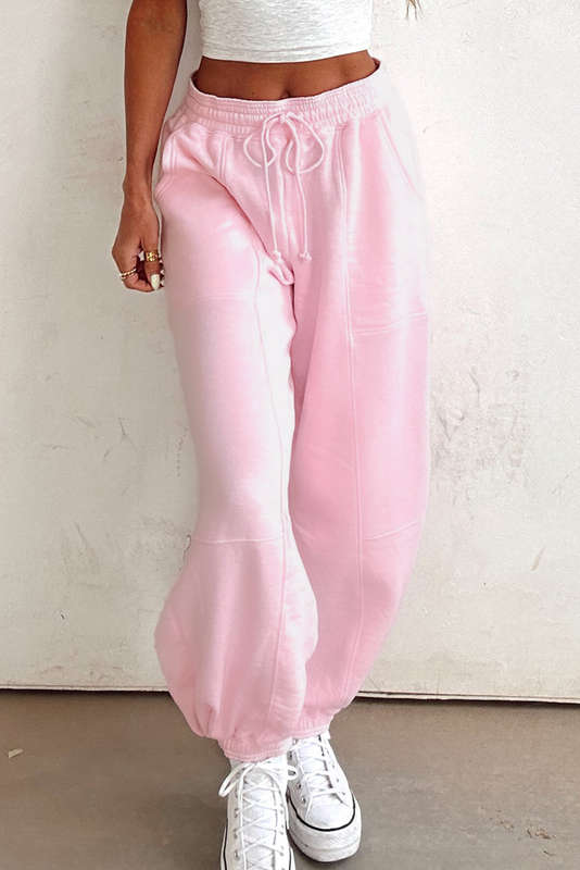 Light Pink Drawstring Elastic Waistband Solid Color Jogger Pants