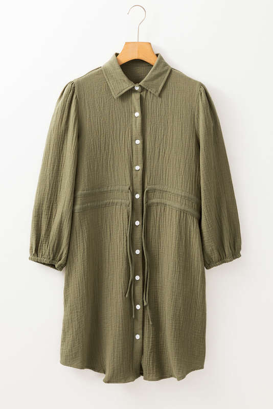 Jungle Green Textured Bracelet Sleeve Collared Button Up Dual Tied Mini Dress