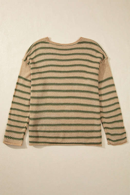 Khaki Stripe Drop Shoulder Casual Sweater