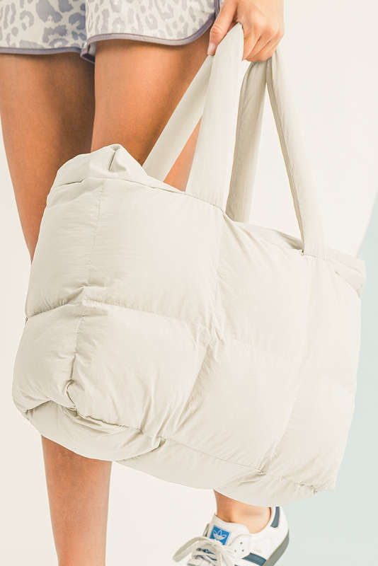White Solid Quilted Puffy Zipped Large Tote Bag