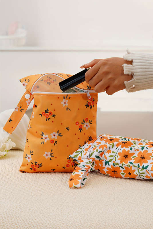 Russet Orange 2pcs Floral Print Zip Canvas Bag
