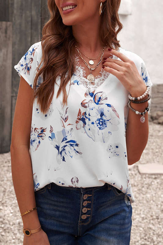 White White/Apricot Floral Scalloped V Neck Short Sleeves Top Black Polka Dot Scalloped V Neck Sh...