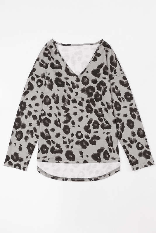 Gray Leopard Split Joint V Neck Long Sleeve Top