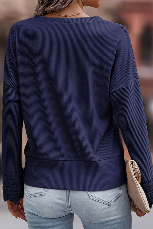 Blue V-Neck Knitted Summer Top with Exposed Seams