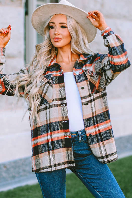 Khaki Geometric Plaid Print Pocketed Shacket