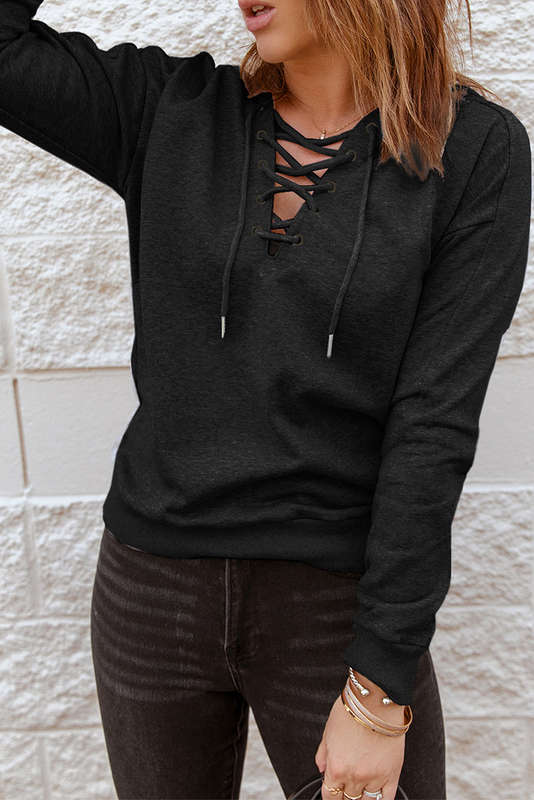 Black Casual Solid Color Lace-up Hoodie