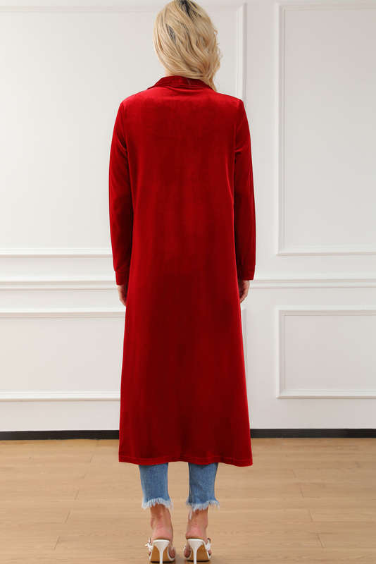 Red Velvet Open Front Pocketed Long Duster