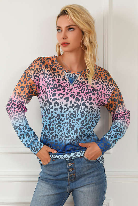 Multicolor Gradient Leopard Print Pullover Sweatshirt