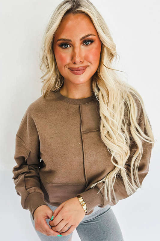 Coffee Solid Exposed Seam Pullover Sweatshirt