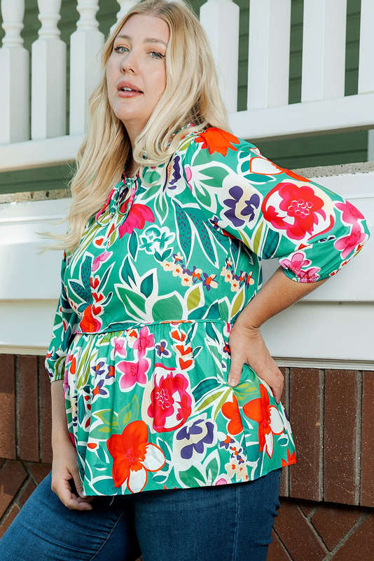 Multicolor Floral Tie Split Neck Plus Size Peplum Blouse