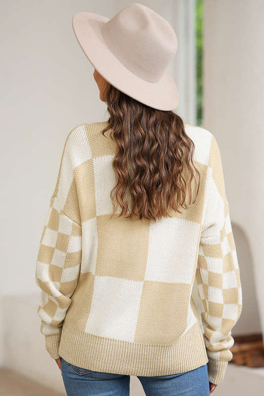 Flaxen Checkered Print Drop Shoulder Sweater