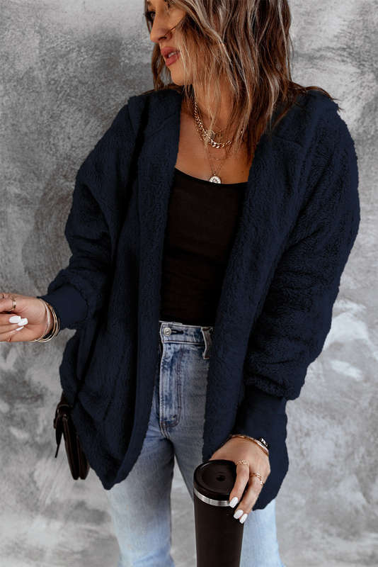 Blue Soft Fleece Hooded Open Front Coat