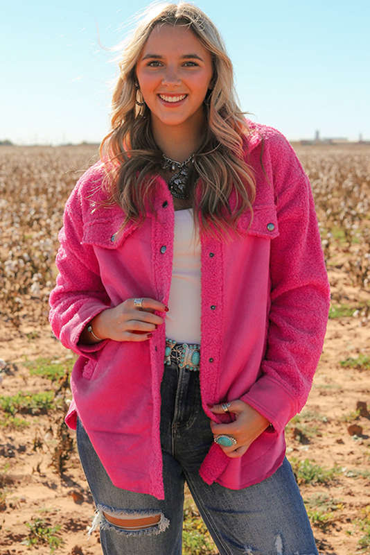 Dark Pink Faux Suede Sherpa Patchwork Button-up Shacket
