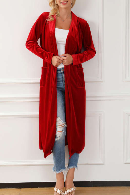 Red Velvet Open Front Pocketed Long Duster