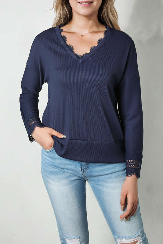 Blue V-Neck Knitted Summer Top with Exposed Seams