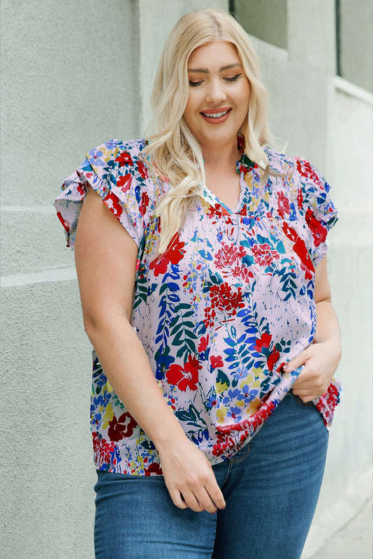 Red Plus Floral Print Ruffle Cap Sleeve V Neck Blouse