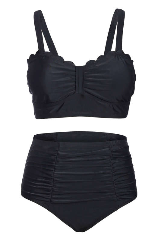 Black Plus Size Scalloped Detail High Waist Bikini Swimsuit