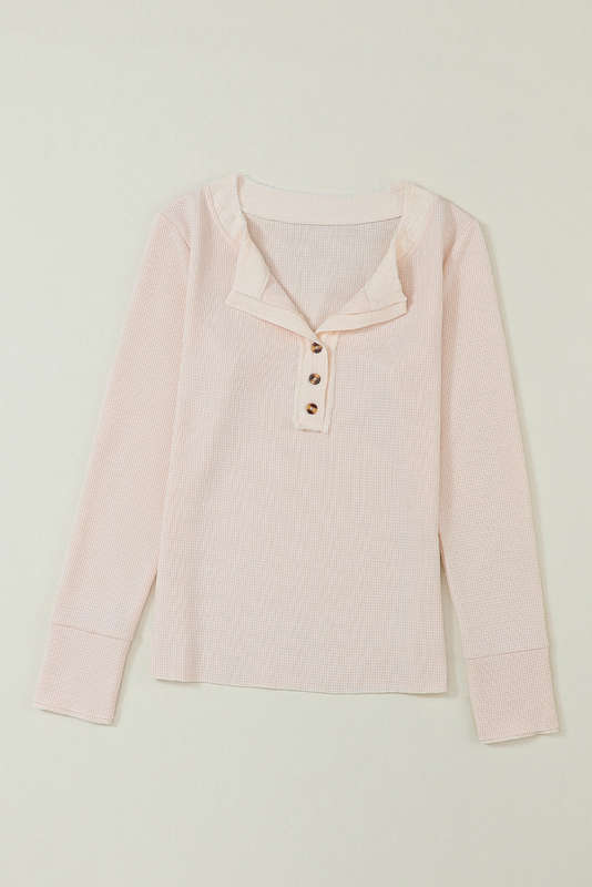 Beige Waffle Knit Textured Henley Top
