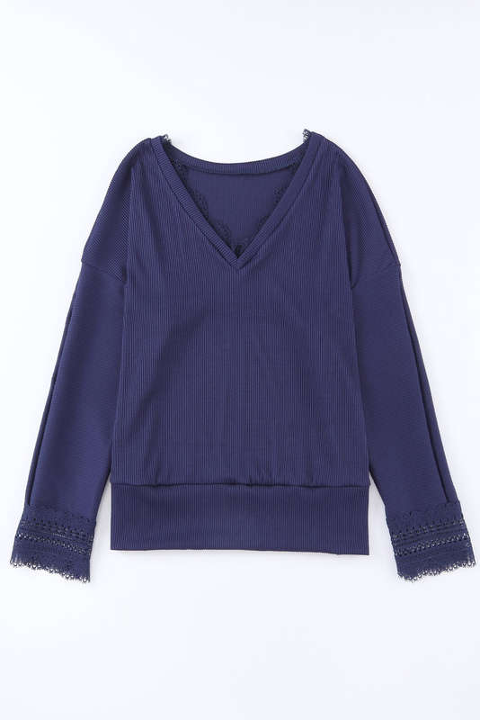 Blue V-Neck Knitted Summer Top with Exposed Seams