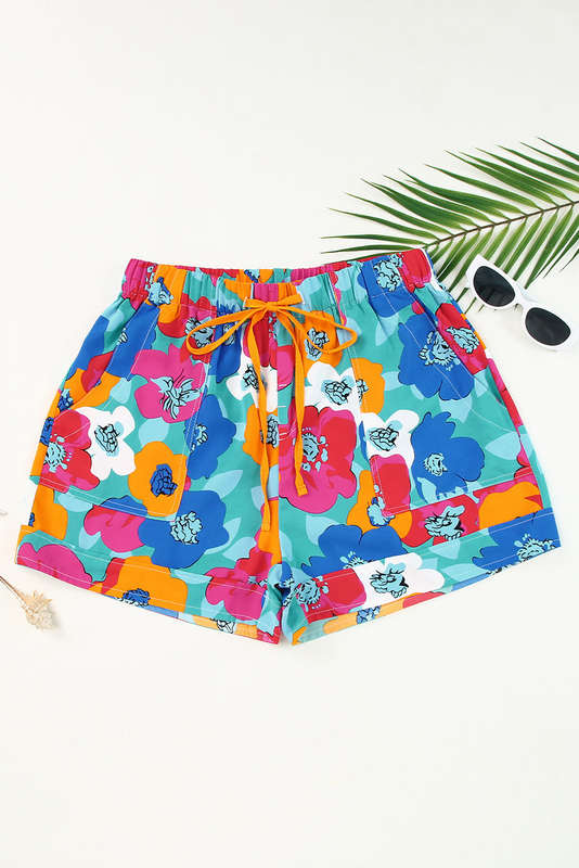 Multicolor Floral Print Drawstring Elastic Waist Casual Shorts