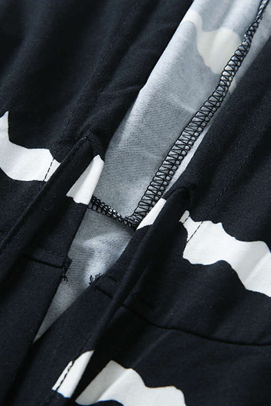 Black Striped Drawstring Button Long Sleeve Hoodie