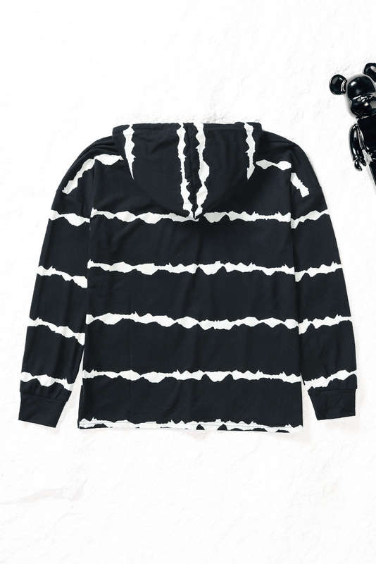 Black Striped Drawstring Button Long Sleeve Hoodie