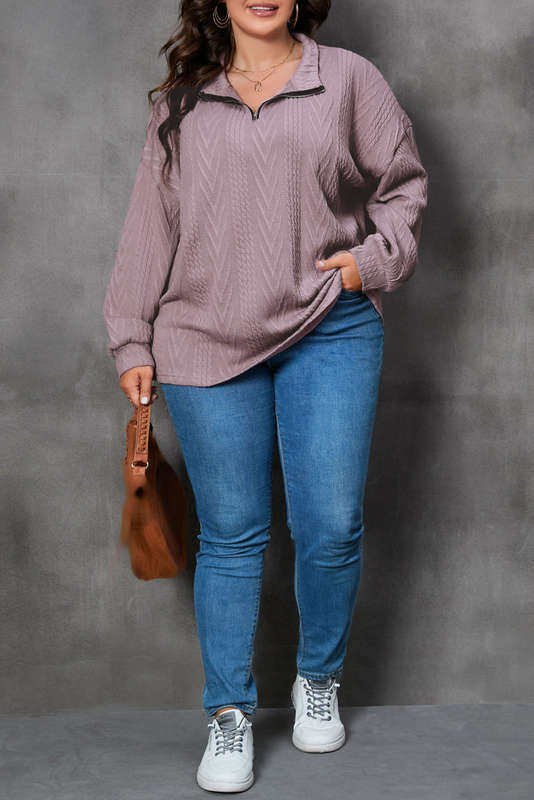 Plus Size Textured Knit Zip Neck Pullover
