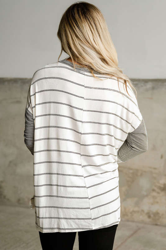 Stripe Patchwork High Low Side Slits Long Sleeve Top