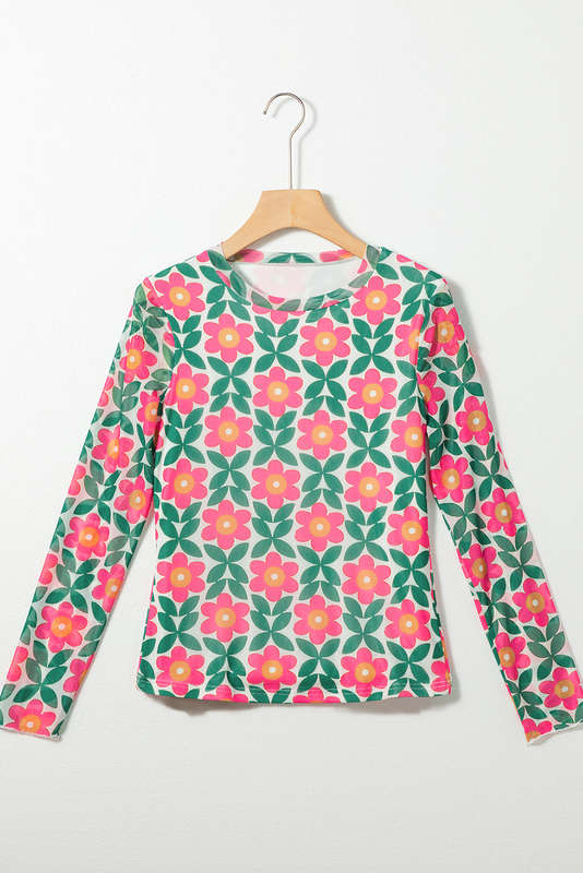 Red Retro Floral Print Stretchy Long Sleeve Top