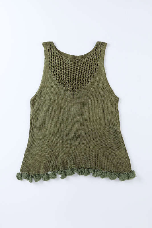 Green Tasseled Crochet Hollow-out Knit Tank