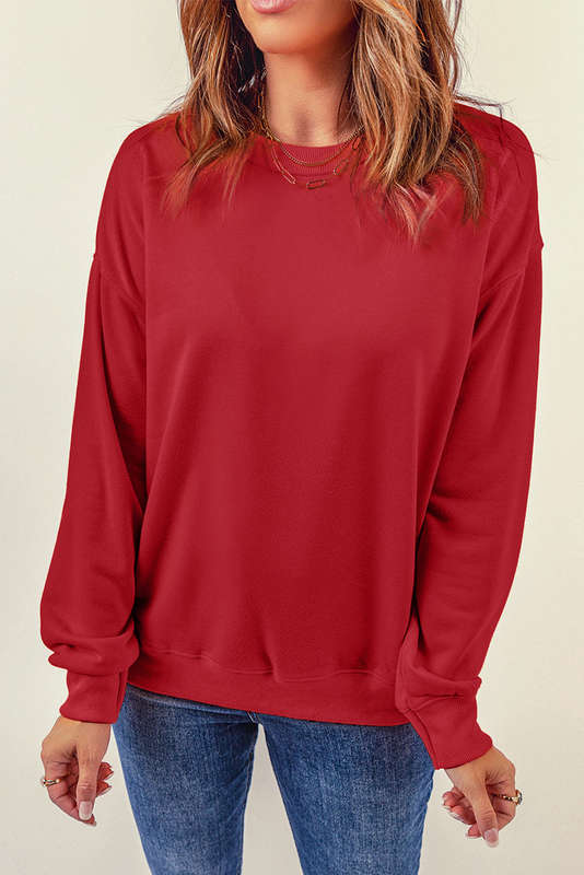 Red Plain Crew Neck Pullover Sweatshirt