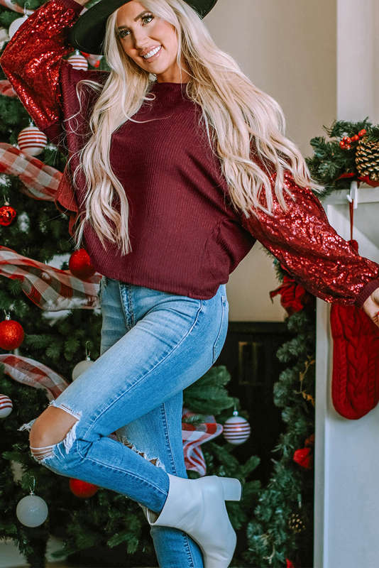 Biking Red Sequin Patchwork Sleeve Open Back Waffle Knit Top
