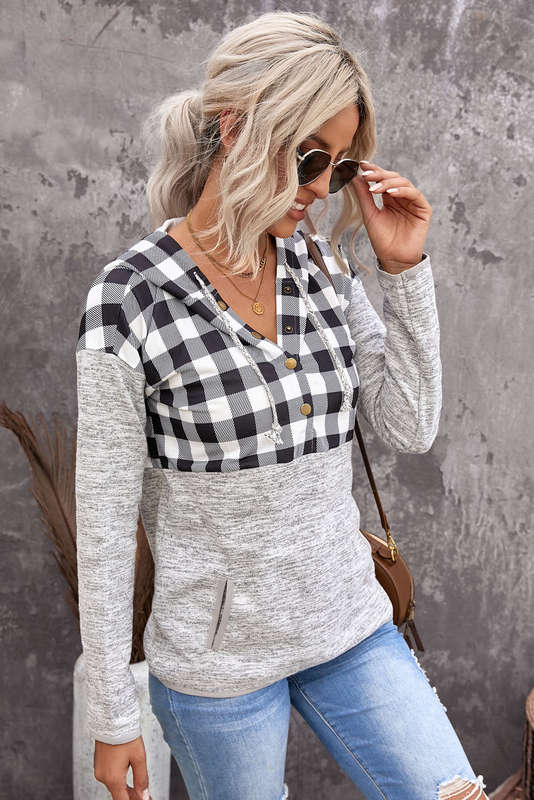 Black Plaid Splicing Pocketed Hoodie