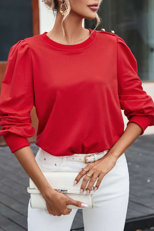 Red Button Tab Detail Long Sleeve Top