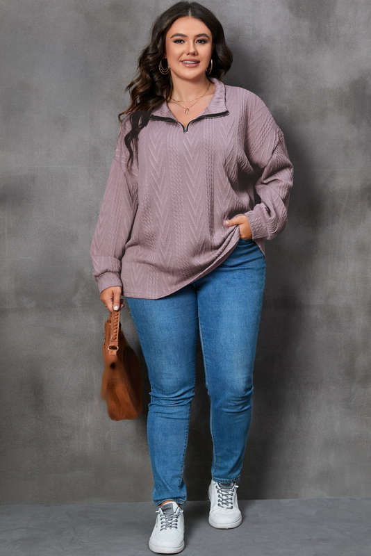 Plus Size Textured Knit Zip Neck Pullover
