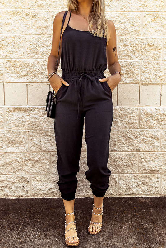Black Drawstring Waist Spaghetti Straps Jumpsuit