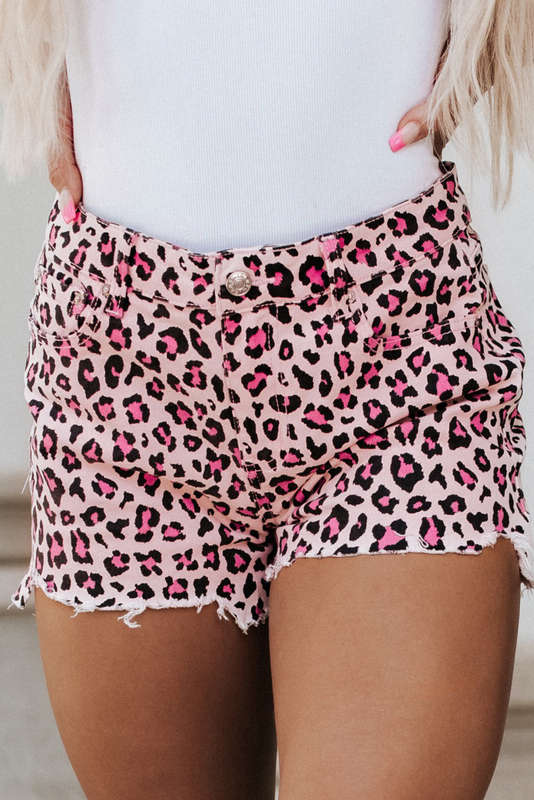 Pink Leopard Print Raw Hem Denim Shorts