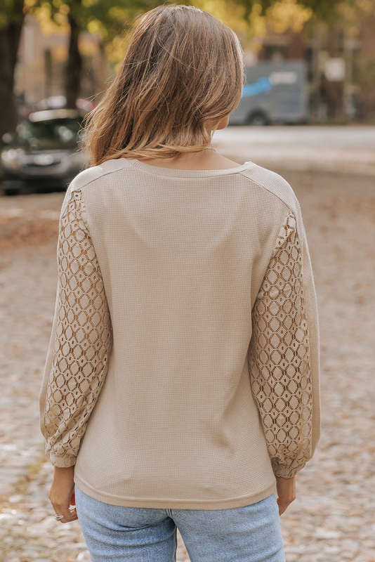 Flaxen Lace Patch Sleeve Waffle Knit Top