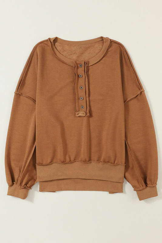 Chestnut Drop Shoulder Henley Buttons Sweatshirt