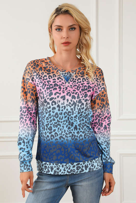 Multicolor Gradient Leopard Print Pullover Sweatshirt