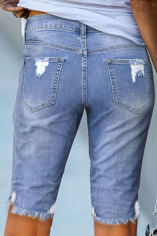 Sky Blue Ripped Tassel Bermuda Denim Shorts