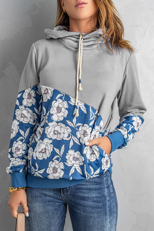 Gray Floral Splicing Cowl Neck Hoodie