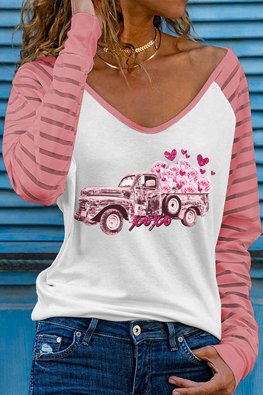Pink Valentines Flower Car Graphic Striped Long Sleeve Top