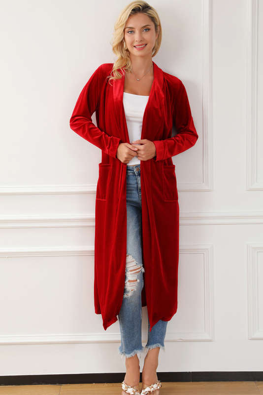 Red Velvet Open Front Pocketed Long Duster