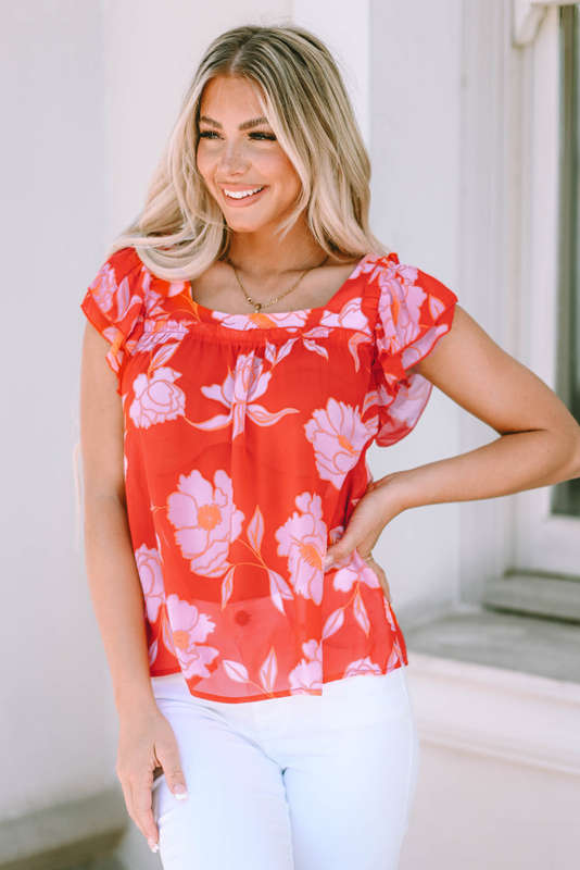 Red Floral Square Neck Ruffle Sleeve Blouse
