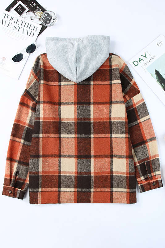 Orange Hooded Plaid Button Front Shacket