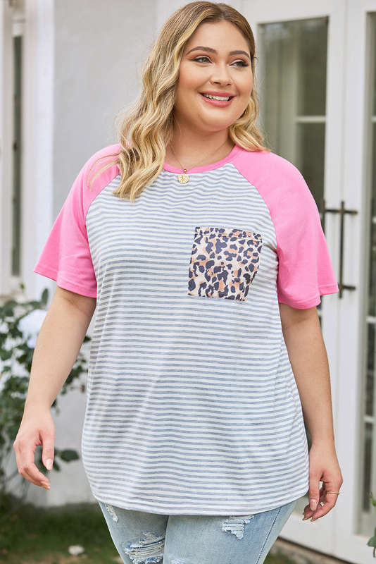 Stripe Leopard Patch Pocket Plus Size Raglan Sleeve Tee