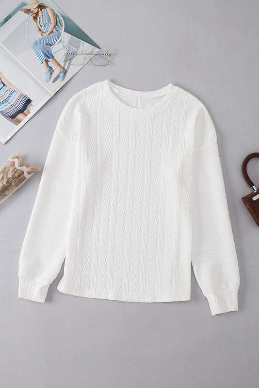 White Round Neck Drop Shoulder Textured Knit Top