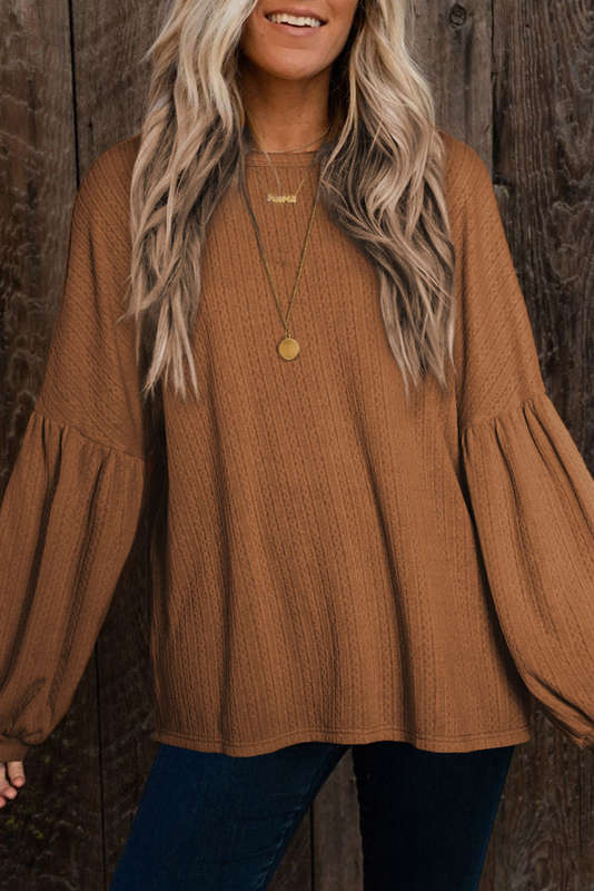 Orange Faux Knit Jacquard Puffy Long Sleeve Top